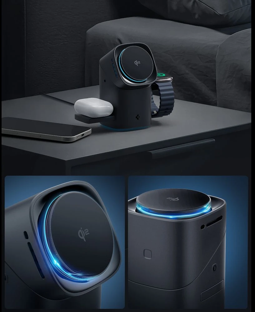 SPIGEN EF223MS ESSENTIAL 3-in-1 sukamasis magnetinis „MagSafe“ belaidis įkroviklis 15W QI2 juodas