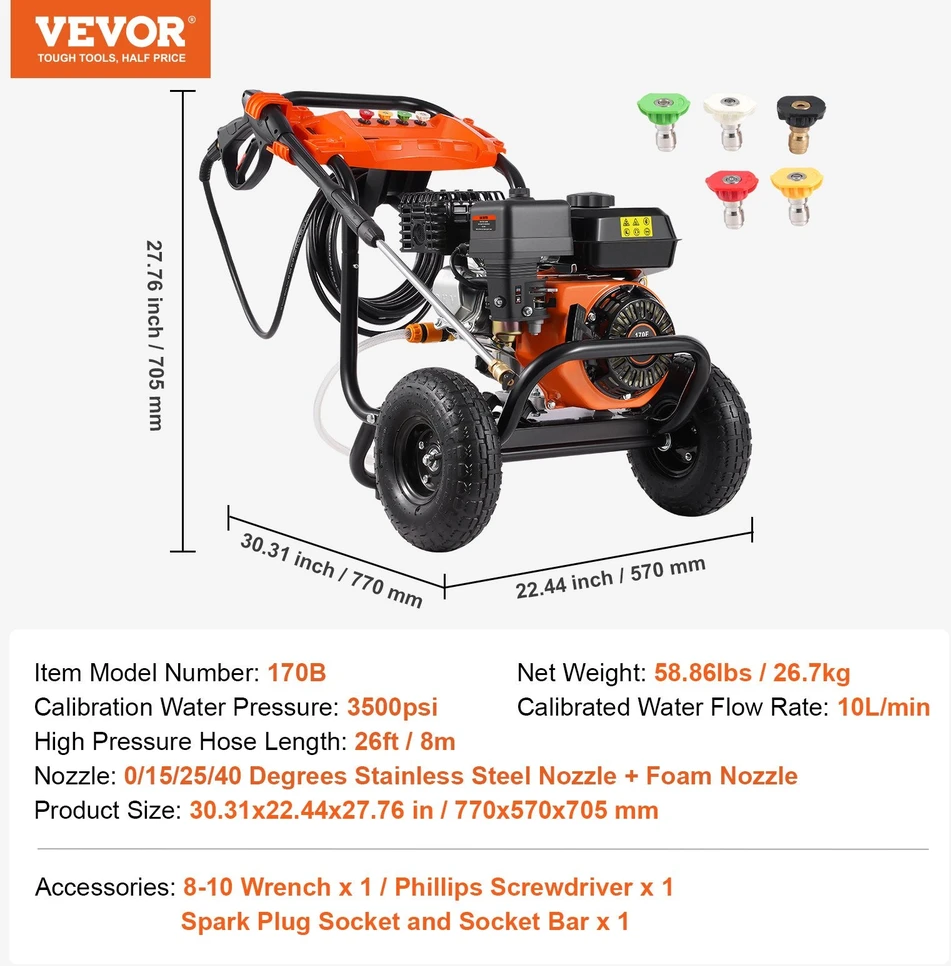 VEVOR Benzininis aukšto slėgio ploviklis 3500 PSI su 5 antgaliais