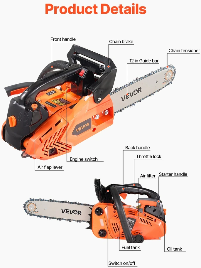 Vevor 25 cc benzininis grandininis pjūklas 12 cm medienai