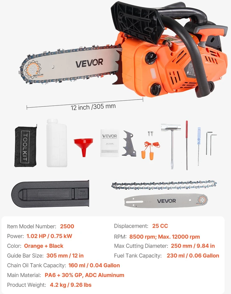 Vevor 25 cc benzininis grandininis pjūklas 12 cm medienai