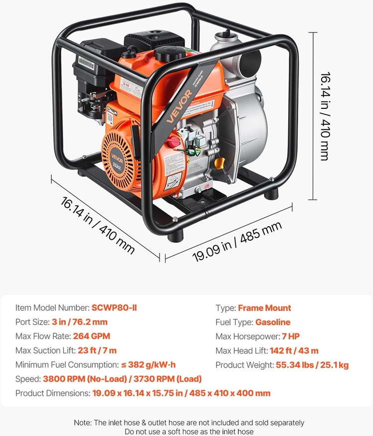 VEVOR Benzininis vandens siurblys 76,2 mm, 264 GPM 7 AG