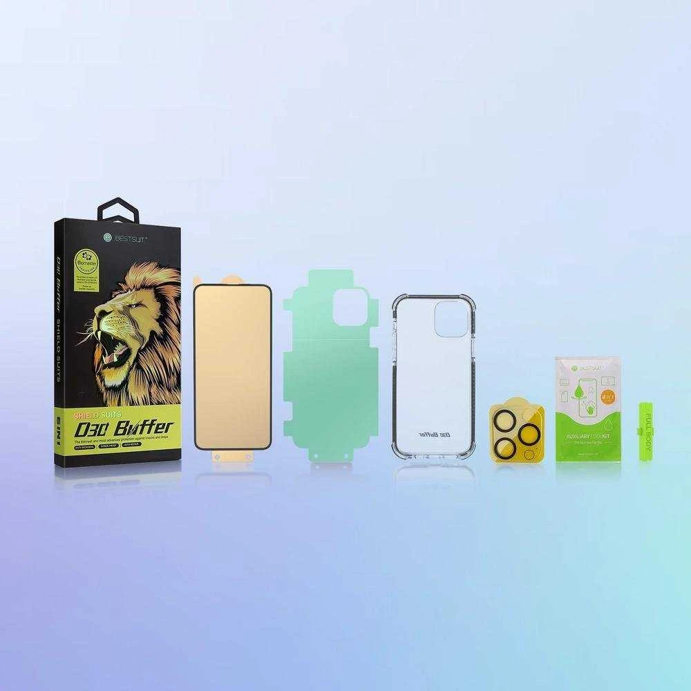Bestsuit 6in1 set iPhone 13 mini / grūdintas stiklas lankstus / nugaros korpuso apsauga filmas / fotoaparato objektyvas grūdintas stiklas / šluostės / aplikatorius (D30 buferis)