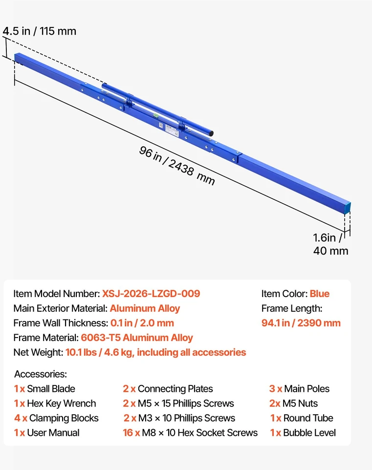 Betono lyginimo liniuotė VEVOR XSJ-2026-LZGD-009, 2430 mm