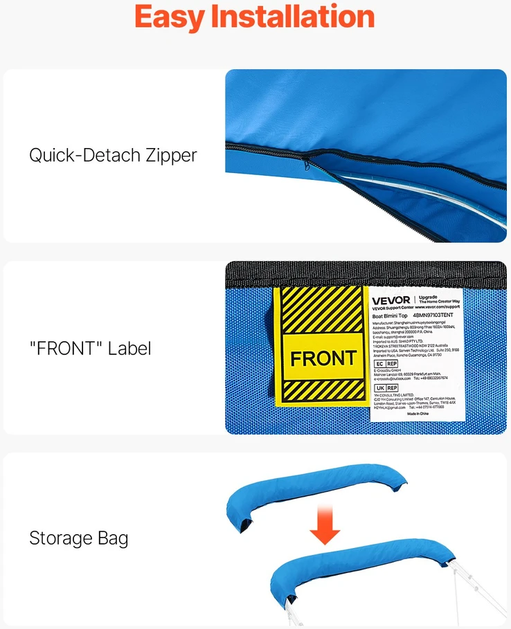 Bimini tento uždangalas VEVOR 4BMN97103TENT, 2464-2616 mm pločio