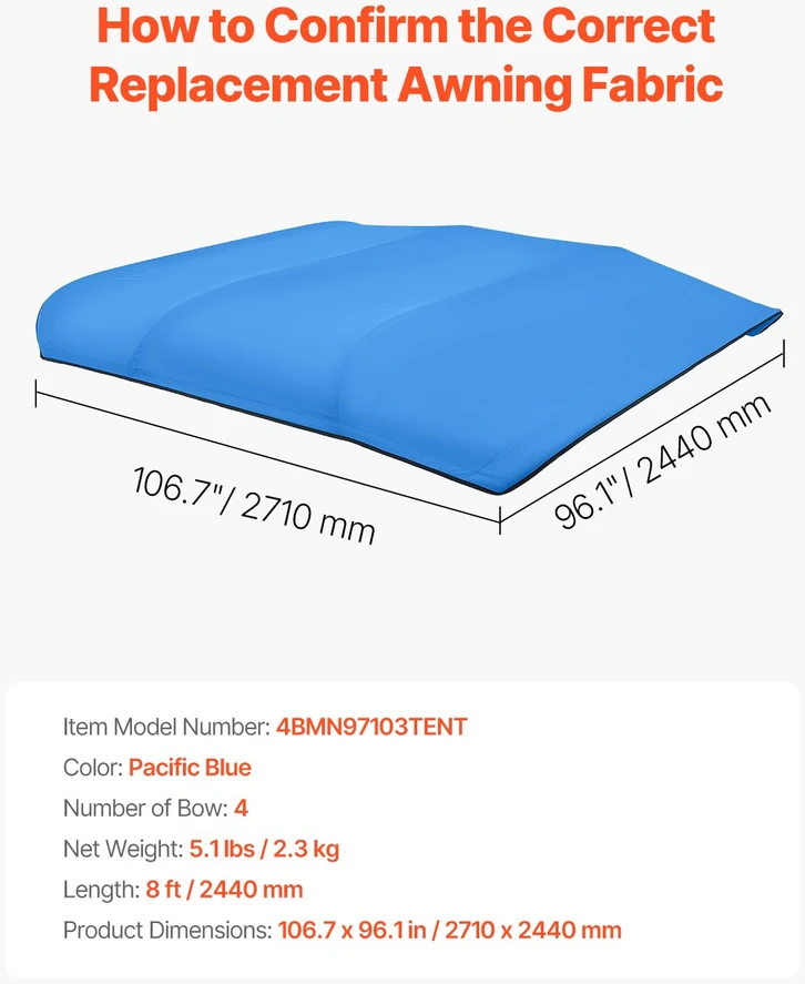 Bimini tento uždangalas VEVOR 4BMN97103TENT, 2464-2616 mm pločio