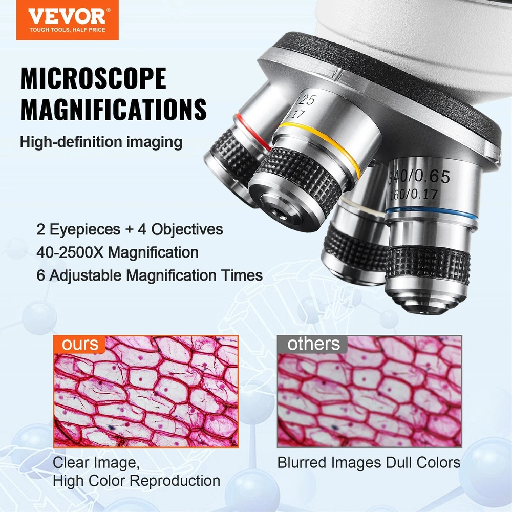VEVOR Dvejetainis mikroskopas 40X-2500X su mechaniniu staliumi