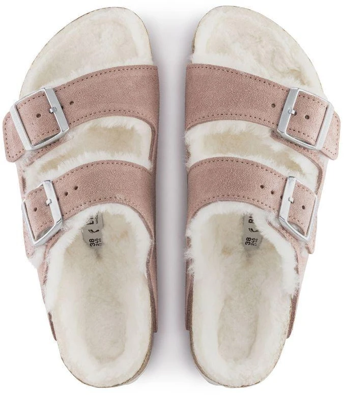 Birkenstock Arizona zomšas ādas kažokādas ar polsterējumu, rozā māla LAF šauras čības (1023258)