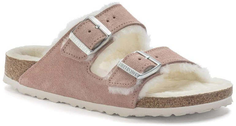 Birkenstock Arizona zomšas ādas kažokādas ar polsterējumu, rozā māla LAF šauras čības (1023258)