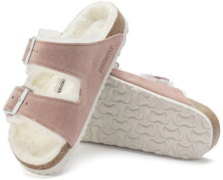 Birkenstock Arizona zomšas ādas kažokādas ar polsterējumu, rozā māla LAF šauras čības (1023258)