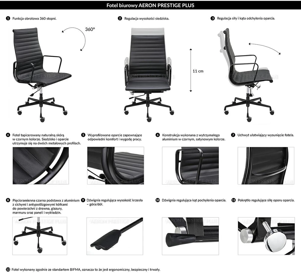Biuro kėdė AERON PRESTIGE PLUS, juoda, pagaminta iš natūralios odos