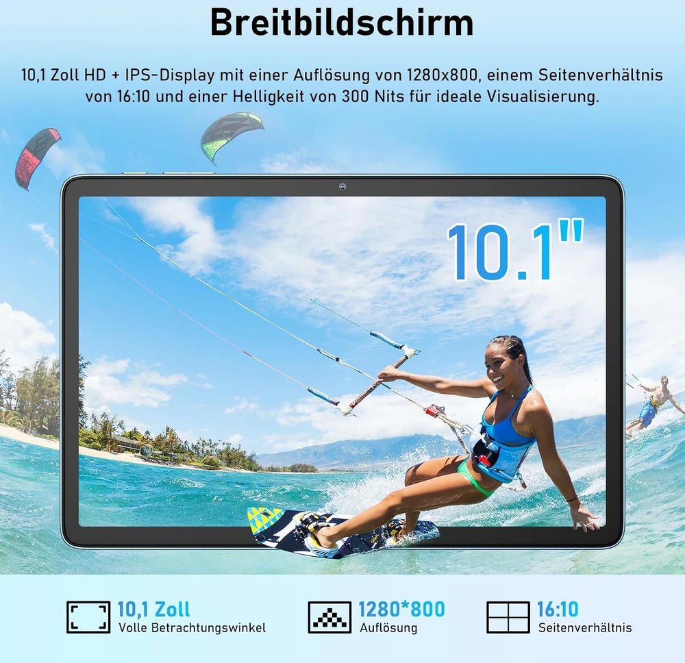 Planšetė Blackview TAB60 WiFi6 10.1 colio HD+IPS 800x1280 60Hz 4GB/128GB A523 aštuonių branduolių 1.8GHz kamera Priekinė 5MP Galinė 8MP 5100mAh Be įkroviklio Android 15 Sunny Sky Mėlyna