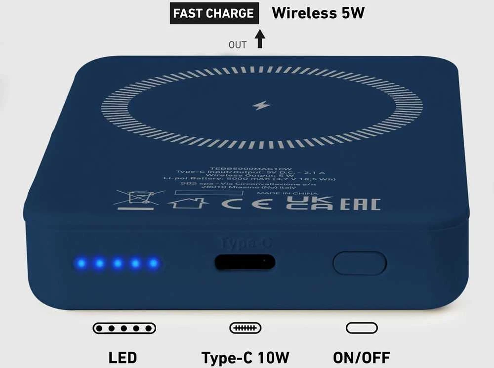 SBS 5000 mAh belaidis magnetic Power Bank mėlynos spalvos