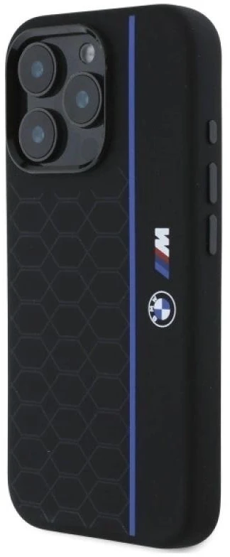 BMW BMHMP16L23SHEB Apple iPhone 16 Pro 6.3″ juodos spalvos kietas dėklas Silicone Hexagon Mėlyna Line MagSafe