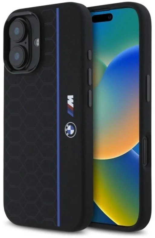 BMW BMHMP16S23SHEB Apple iPhone 16 6.1″ juodos spalvos kietas dėklas Silicone Hexagon Mėlyna Line MagSafe