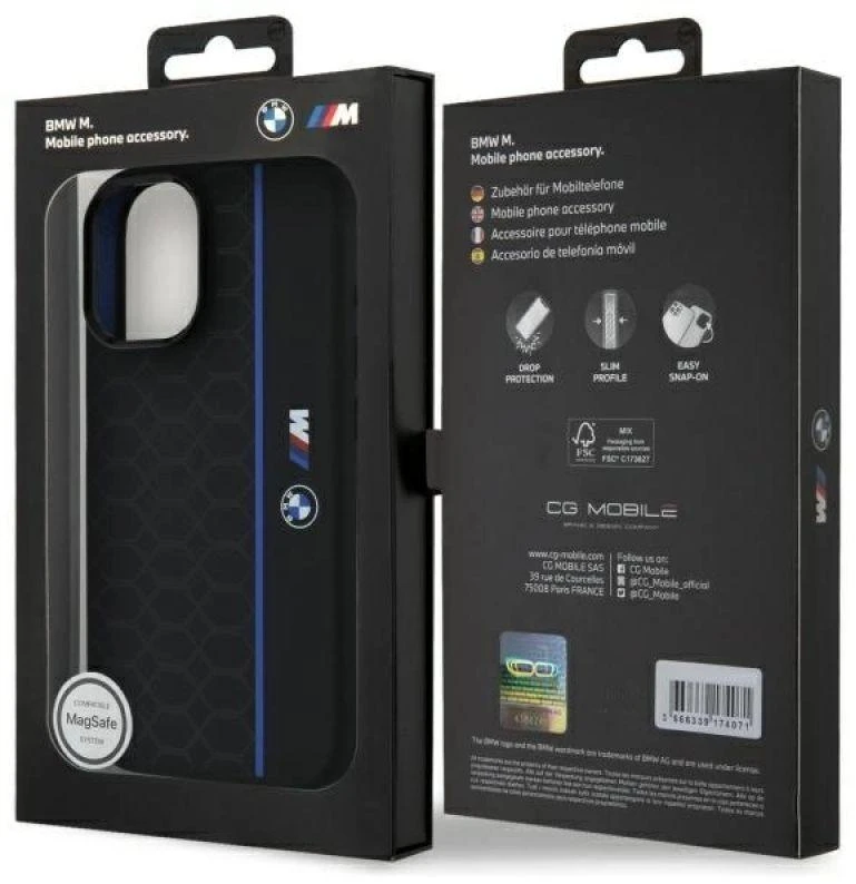 BMW BMHMP16S23SHEB Apple iPhone 16 6.1″ juodos spalvos kietas dėklas Silicone Hexagon Mėlyna Line MagSafe