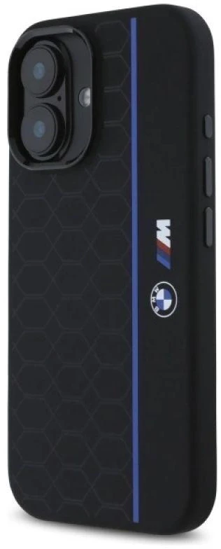 BMW BMHMP16S23SHEB Apple iPhone 16 6.1″ juodos spalvos kietas dėklas Silicone Hexagon Mėlyna Line MagSafe