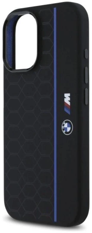 BMW BMHMP16S23SHEB Apple iPhone 16 6.1″ juodos spalvos kietas dėklas Silicone Hexagon Mėlyna Line MagSafe