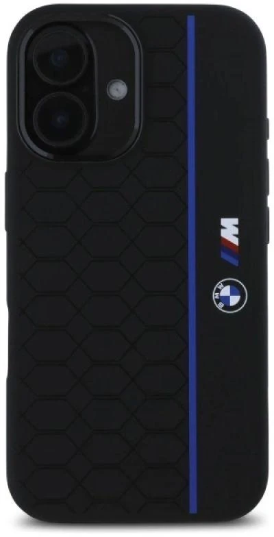 BMW BMHMP16S23SHEB Apple iPhone 16 6.1″ juodos spalvos kietas dėklas Silicone Hexagon Mėlyna Line MagSafe