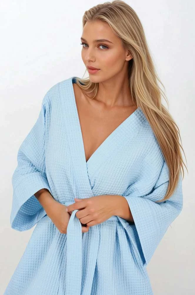 Blue Chalatas mėlynas medvilninis su diržu Mėlyna Lady