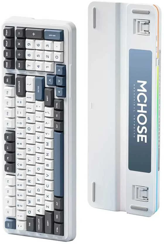 MCHOSE K99 belaidė mechaninė klaviatūra| US | Hyacinth Switch | 2.4GHz, BT | Balta-mėlyna