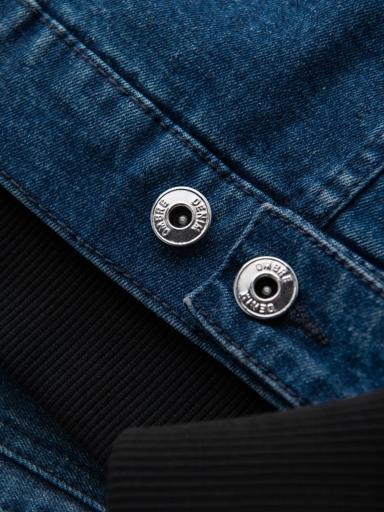 Men's denim jacket with knitted sleeves and hood - mėlynas and juodas V2 OM-JADJ-0220