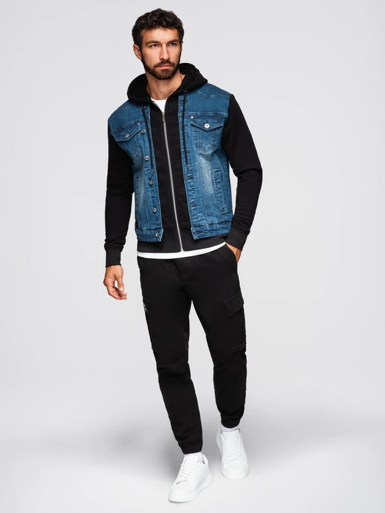 Men's denim jacket with knitted sleeves and hood - mėlynas and juodas V2 OM-JADJ-0220