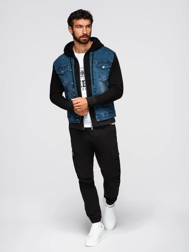 Men's denim jacket with knitted sleeves and hood - mėlynas and juodas V2 OM-JADJ-0220