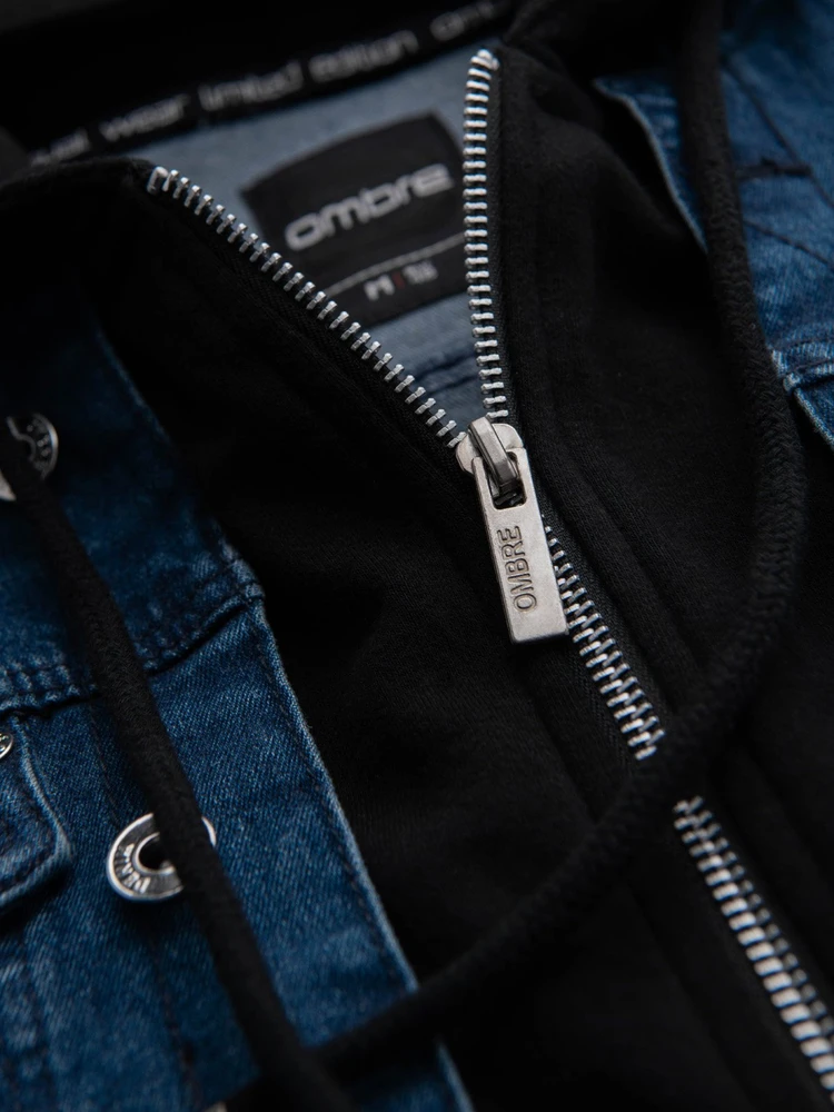 Men's denim jacket with knitted sleeves and hood - mėlynas and juodas V2 OM-JADJ-0220