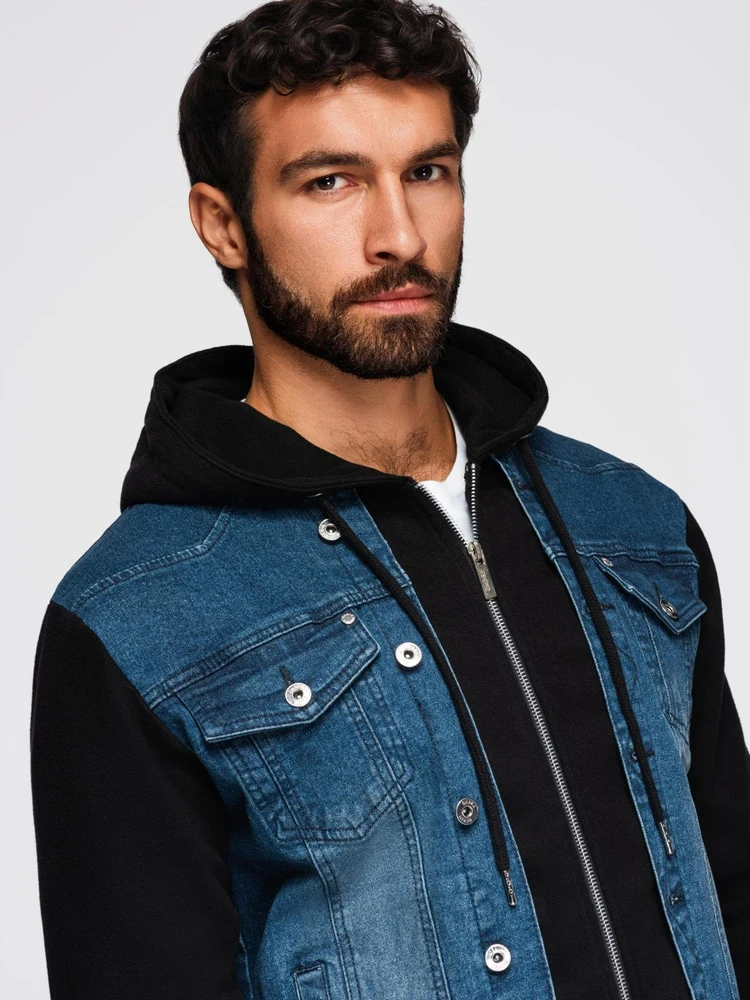 Men's denim jacket with knitted sleeves and hood - mėlynas and juodas V2 OM-JADJ-0220