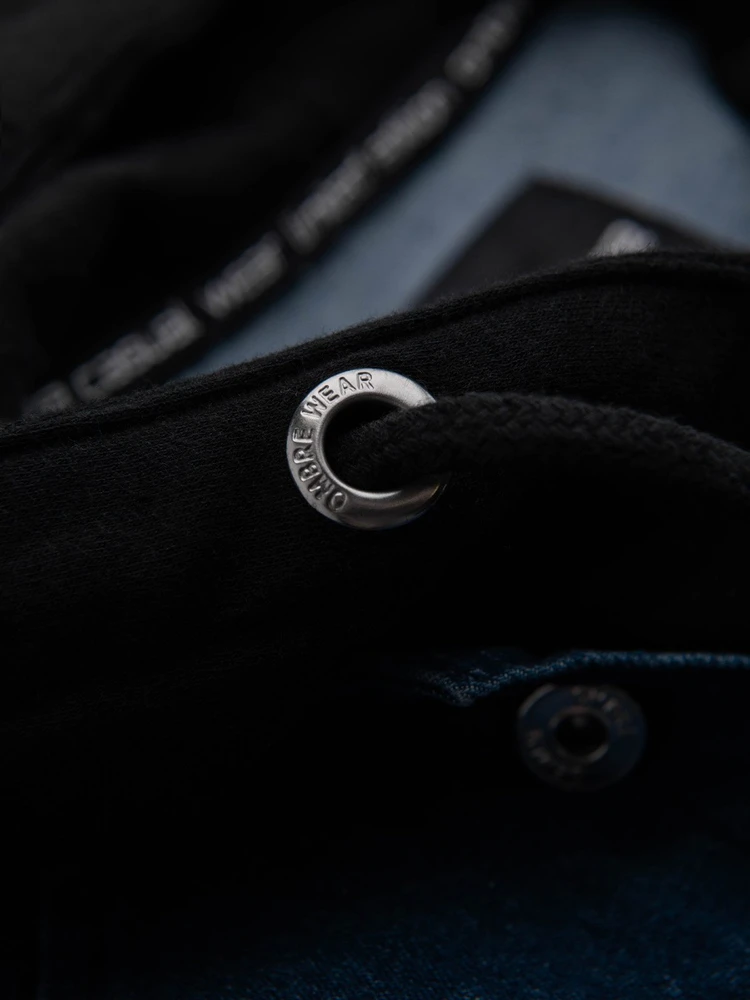 Men's denim jacket with knitted sleeves and hood - mėlynas and juodas V2 OM-JADJ-0220