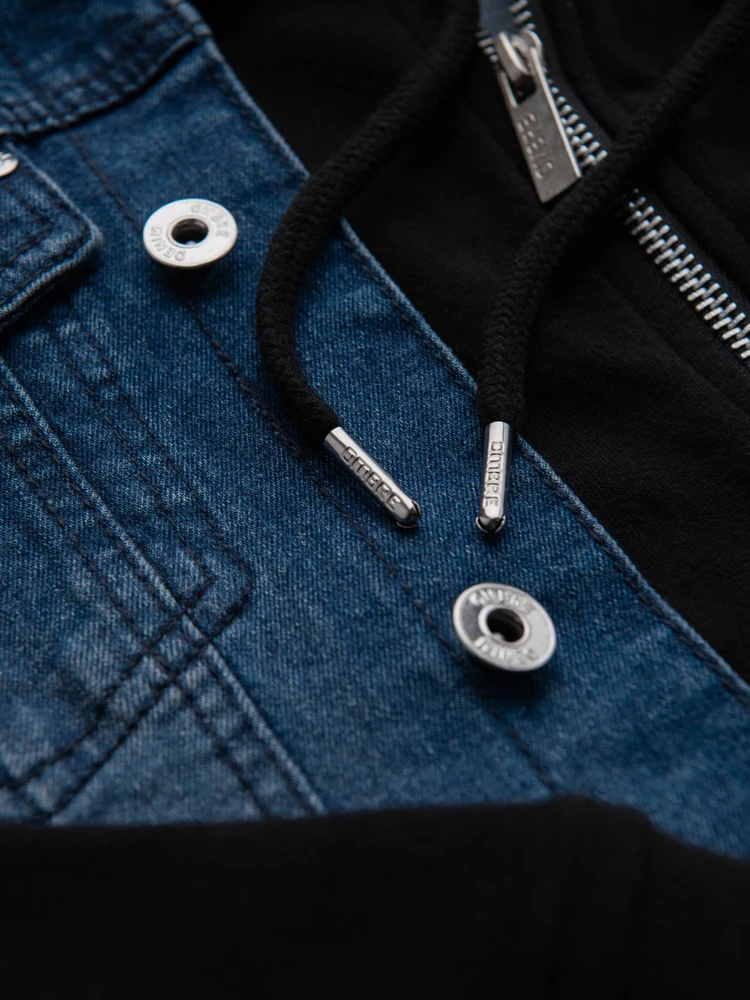 Men's denim jacket with knitted sleeves and hood - mėlynas and juodas V2 OM-JADJ-0220