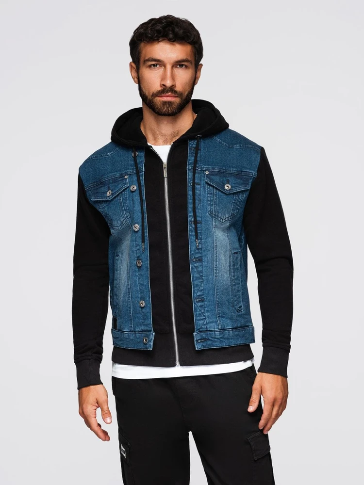 Men's denim jacket with knitted sleeves and hood - mėlynas and juodas V2 OM-JADJ-0220