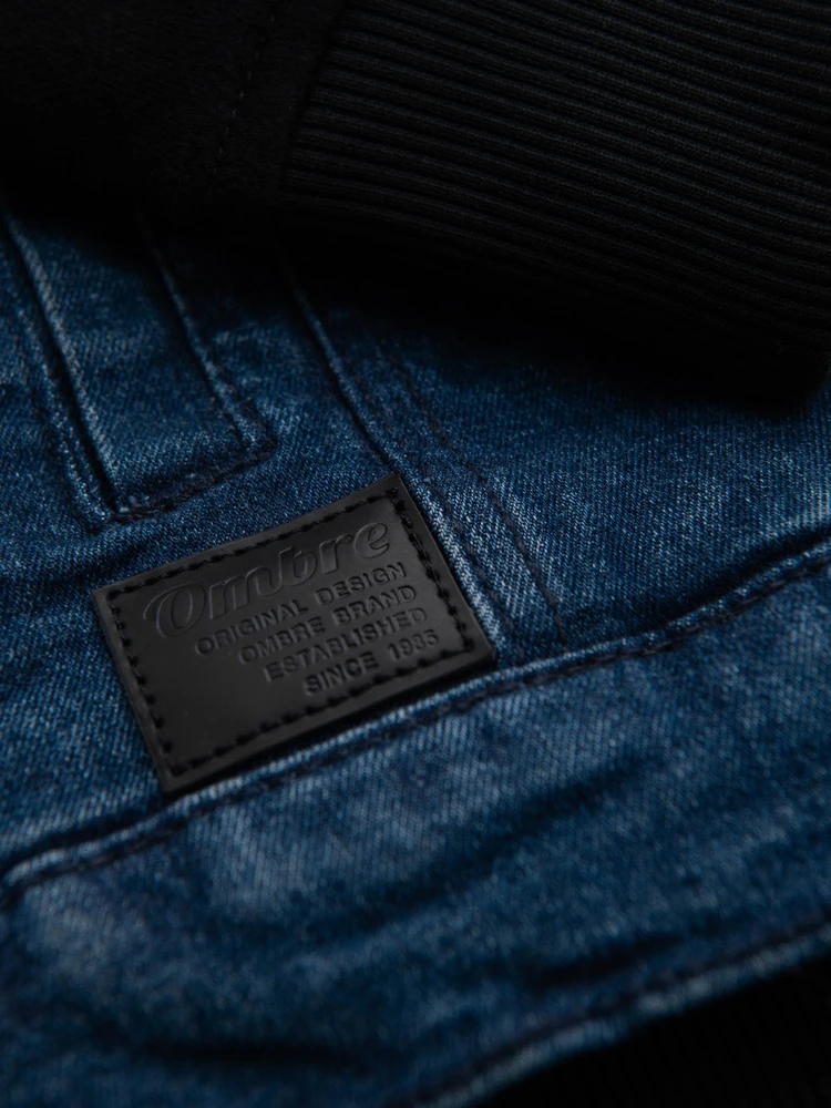 Men's denim jacket with knitted sleeves and hood - mėlynas and juodas V2 OM-JADJ-0220