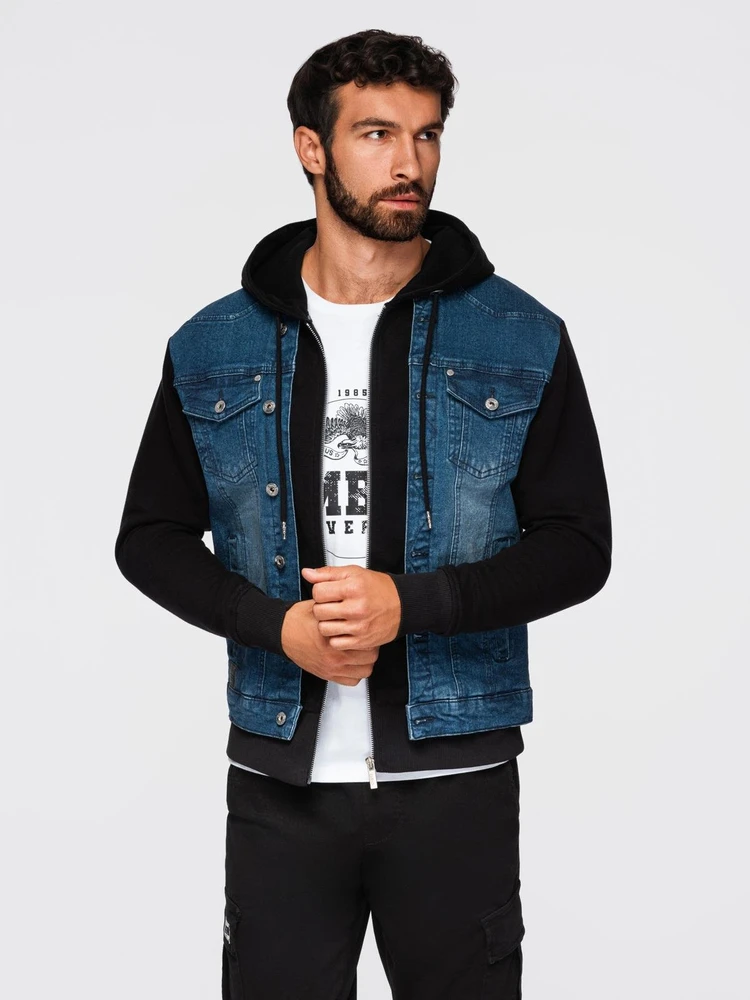 Men's denim jacket with knitted sleeves and hood - mėlynas and juodas V2 OM-JADJ-0220