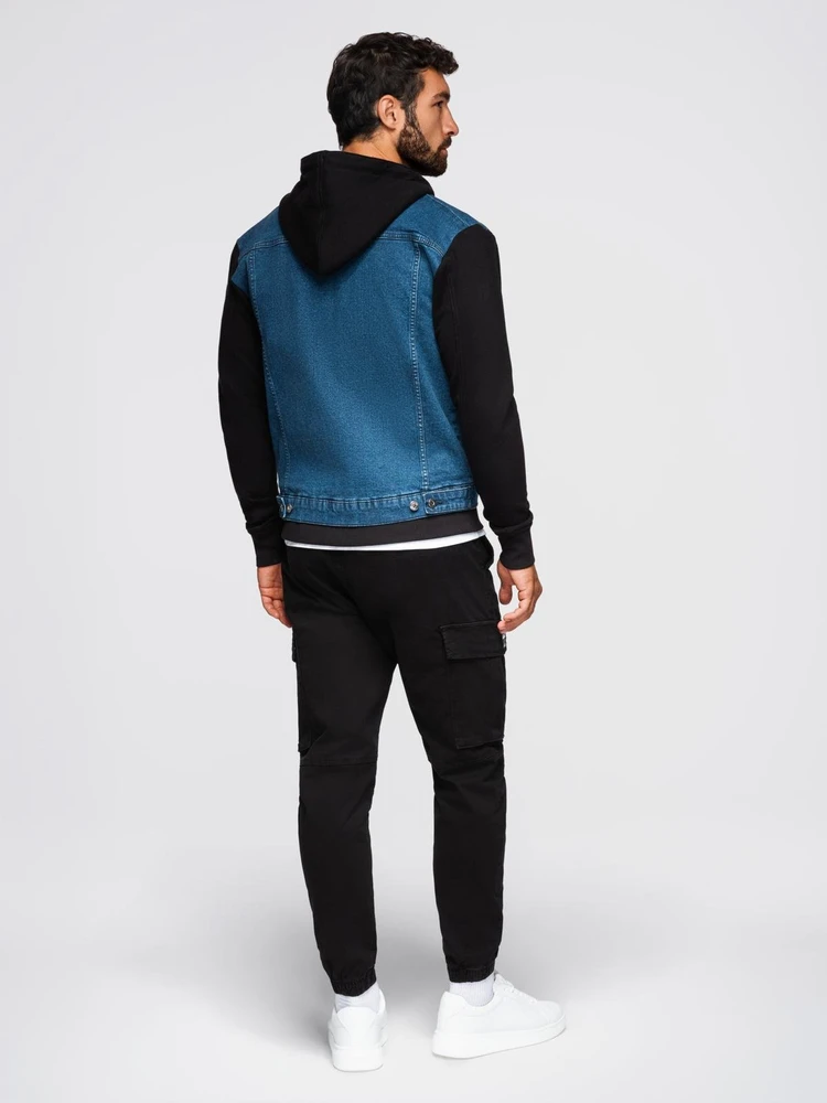 Men's denim jacket with knitted sleeves and hood - mėlynas and juodas V2 OM-JADJ-0220