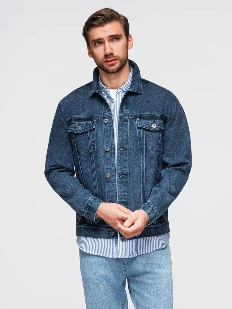 Men's denim katana jacket with washem - mėlynas V4 OM-JADJ-0219