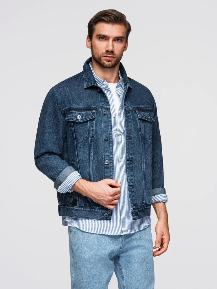 Men's denim katana jacket with washem - mėlynas V4 OM-JADJ-0219