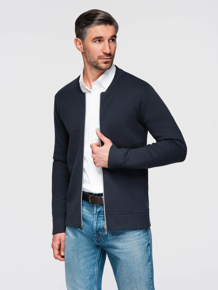 Men's smooth zip sweater - navy mėlynas V1 OM-SWZS-0146
