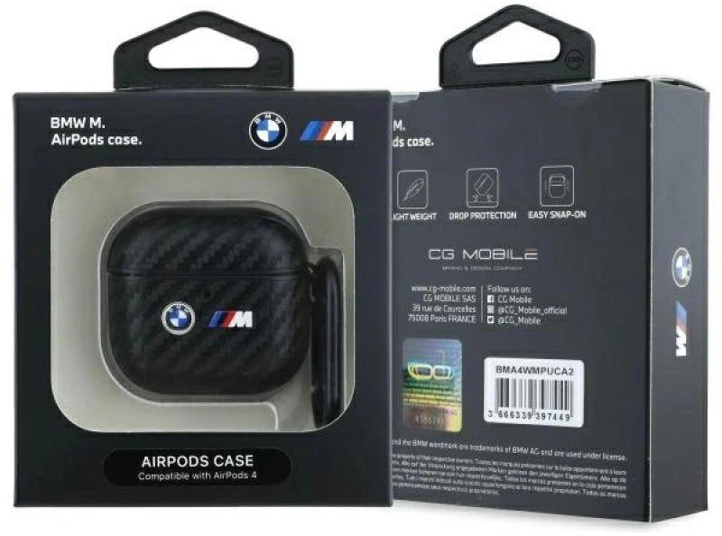 BMW BMA4WMPUCA2 AirPods 4 dėklas juodos spalvos Carbon Double Metal Logo