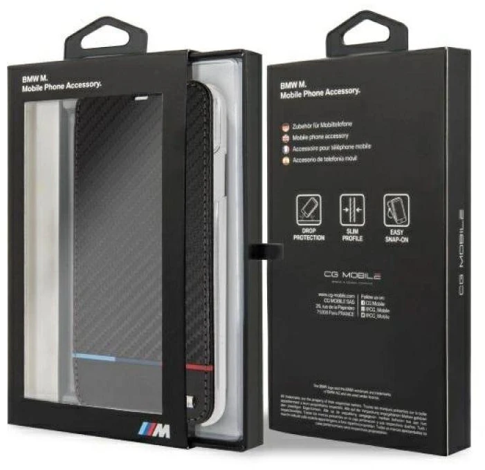 BMW BMTRBKI65PUCARTCBKApple iPhone XS Max book dėklas telefonui juodos spalvos Carbon Tricolor Stripe