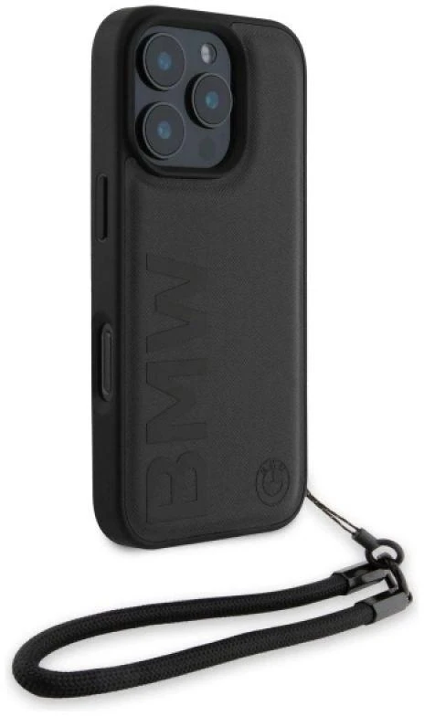 BMW Leather Signature and Strap Apple iPhone 16 Pro dėklas telefonui juodos spalvos