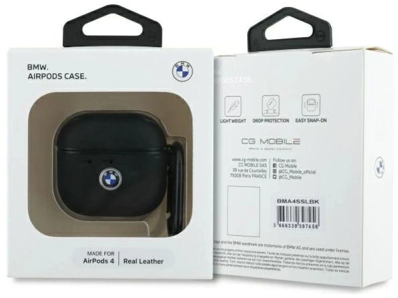 BMW BMA4SSLBK AirPods 4 dėklas juodos spalvos Geniune Leather sidabro spalvos Logo