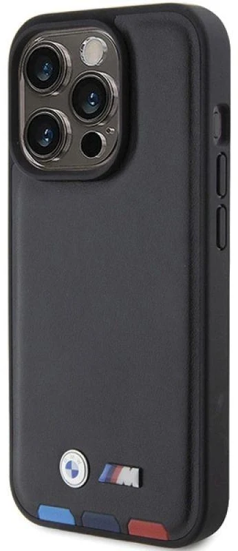 Dėklas BMW BMHCP15L22PTDK Apple iPhone 15 Pro 6.1″ juodos spalvos Leather Stamp Tricolor
