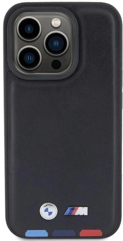 Dėklas BMW BMHCP15L22PTDK Apple iPhone 15 Pro 6.1″ juodos spalvos Leather Stamp Tricolor
