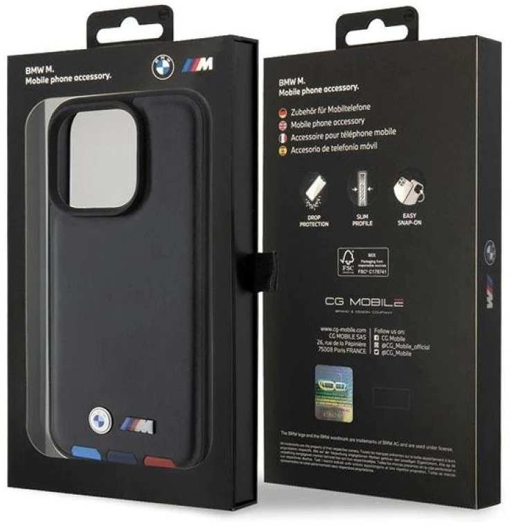Dėklas BMW BMHCP15L22PTDK Apple iPhone 15 Pro 6.1″ juodos spalvos Leather Stamp Tricolor