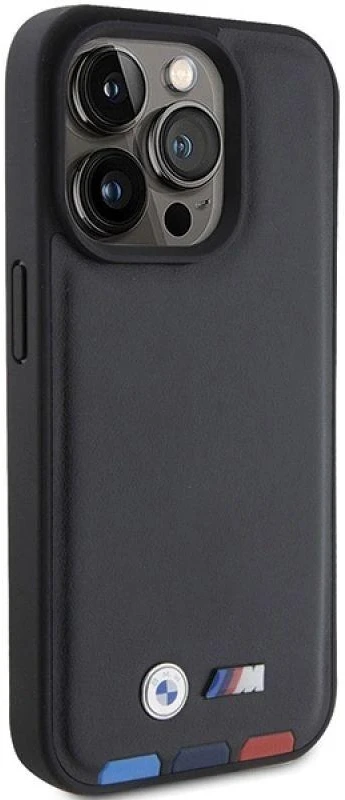Dėklas BMW BMHCP15L22PTDK Apple iPhone 15 Pro 6.1″ juodos spalvos Leather Stamp Tricolor