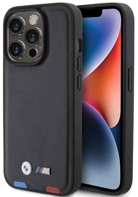 Dėklas BMW BMHCP15L22PTDK Apple iPhone 15 Pro 6.1″ juodos spalvos Leather Stamp Tricolor