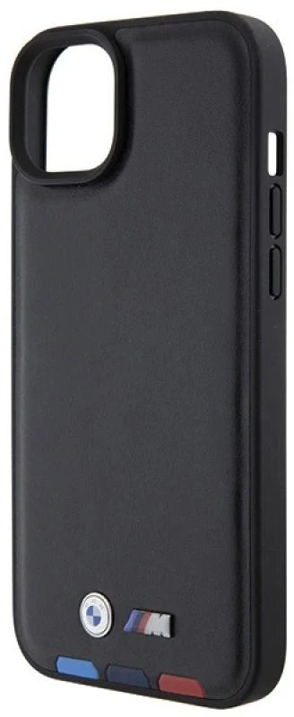 Dėklas BMW BMHCP15M22PTDK Apple iPhone 15 Plus / 14 Plus 6.7″ juodos spalvos Leather Stamp Tricolor
