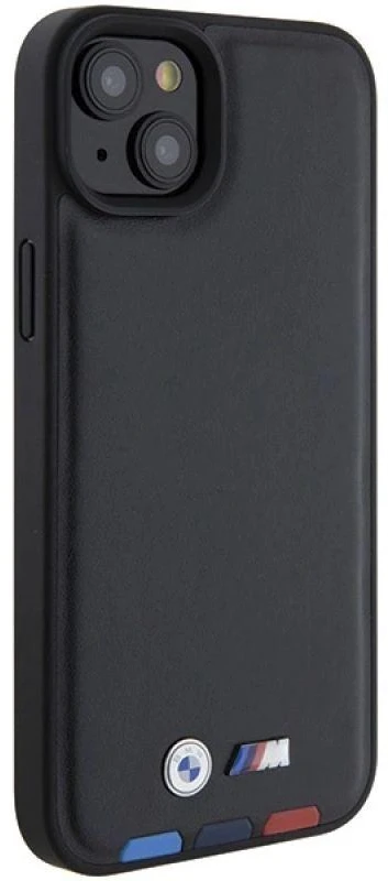 Dėklas BMW BMHCP15M22PTDK Apple iPhone 15 Plus / 14 Plus 6.7″ juodos spalvos Leather Stamp Tricolor