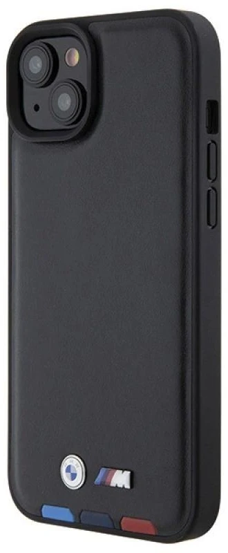 Dėklas BMW BMHCP15M22PTDK Apple iPhone 15 Plus / 14 Plus 6.7″ juodos spalvos Leather Stamp Tricolor